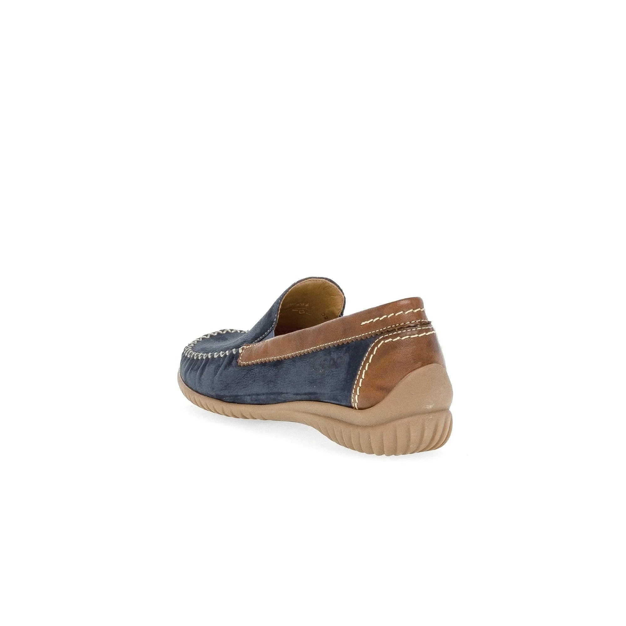 Gabor 86.090.46 California women's slip-on shoes in blue nubuck with tan leather accents and white stitching, rubber sole.