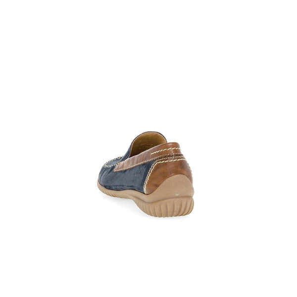 Gabor California Ladies slip-on shoes in blue nubuck with tan accents and a flexible rubber sole.