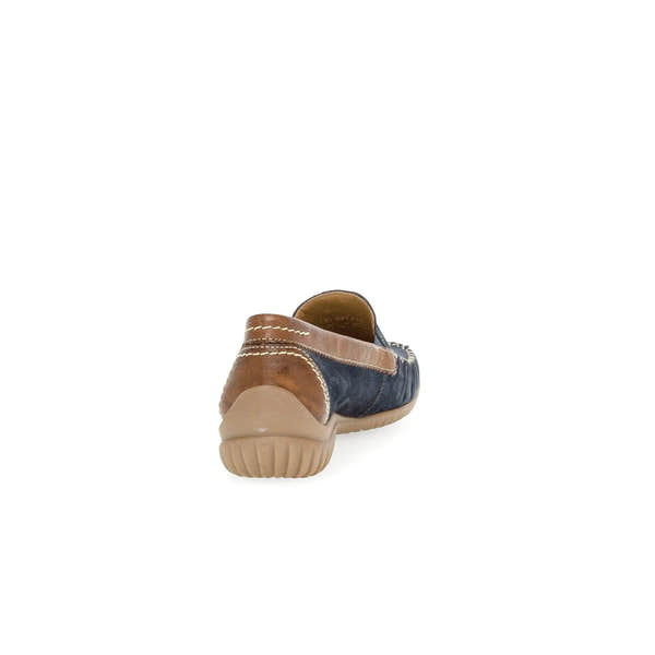 Gabor California ladies slip-on shoes with blue nubuck material and brown leather accents, ribbed beige rubber sole.