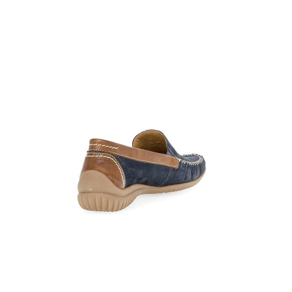 Blue nubuck slip-on shoe with tan leather accents, white stitching, and beige sole.