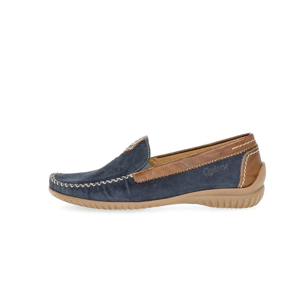 Gabor California women's slip-on shoes in blue nubuck with brown leather accents and a beige rubber sole.