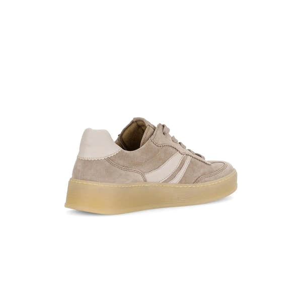 Gabor Dahma Ladies Clay Suede Lace-Up Trainers with thick sole and beige color.