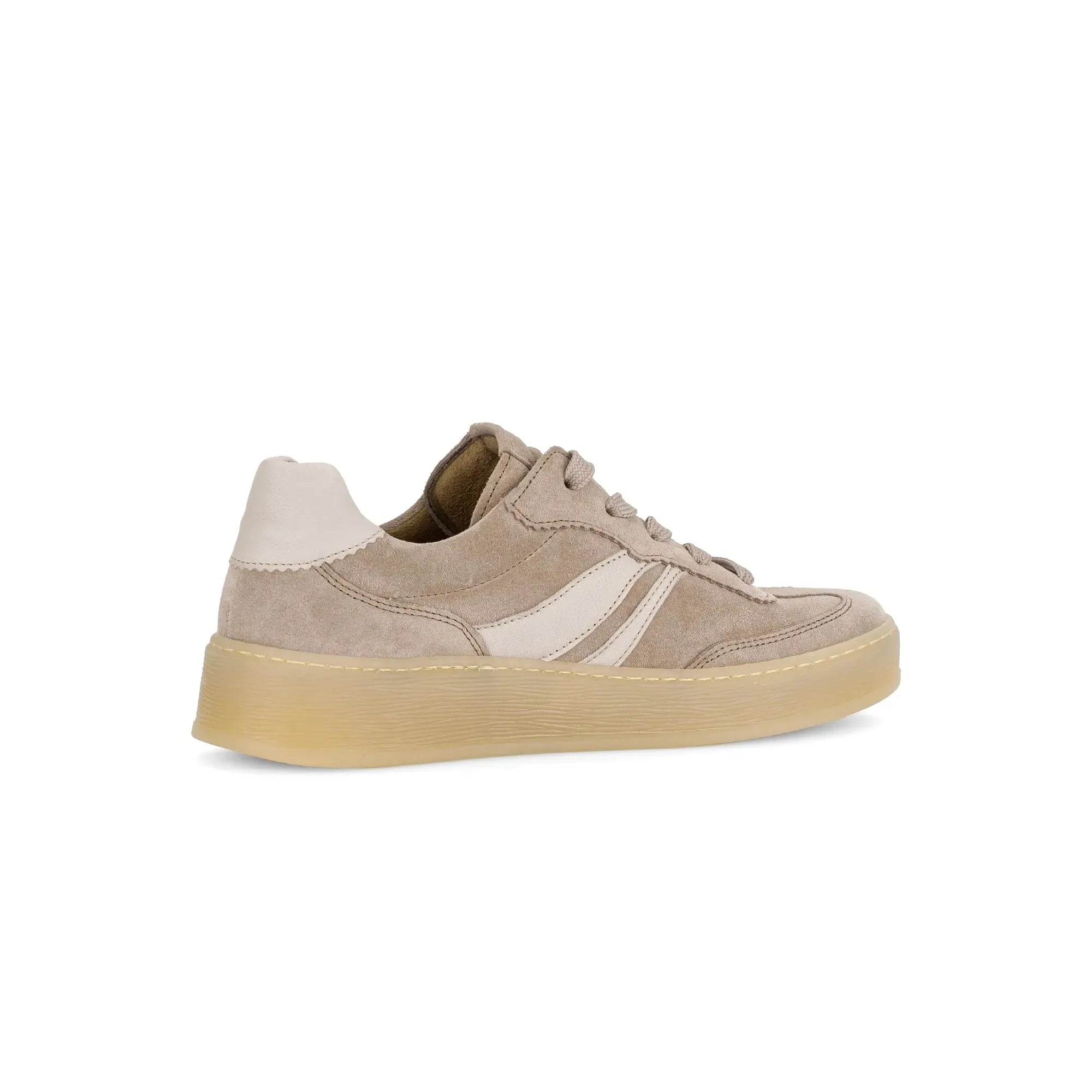 Gabor Dahma ladies' clay suede lace-up trainers with beige sole and white accent stripes.