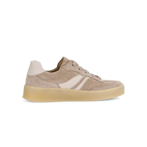 Gabor Dahma Ladies Clay Suede Lace-Up Trainers with beige and white details and a rubber sole.