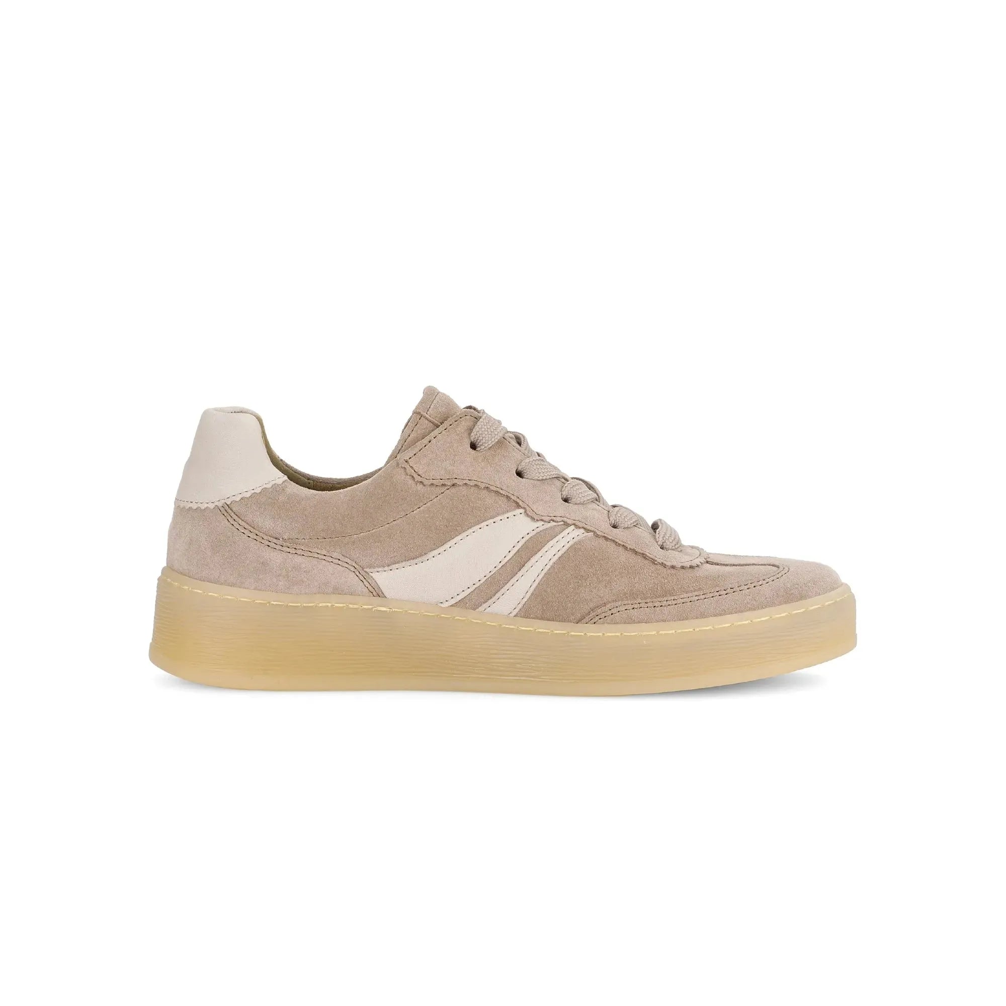 Gabor Dahma Ladies Clay Suede Lace-Up Trainers with beige and white accents and a rubber sole.