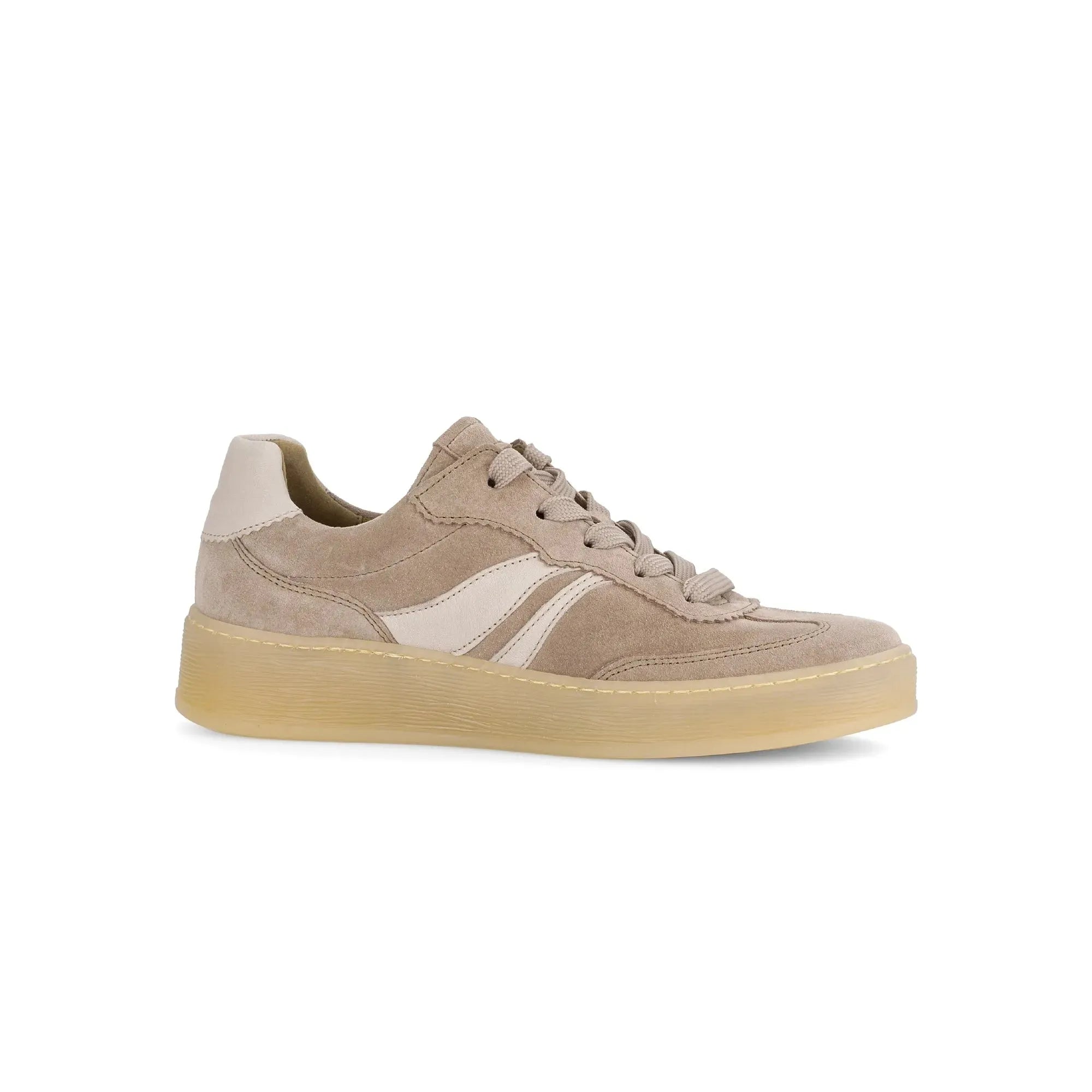 Gabor Dahma Ladies Clay Suede Lace-Up Trainers with thick beige rubber sole and tonal laces.