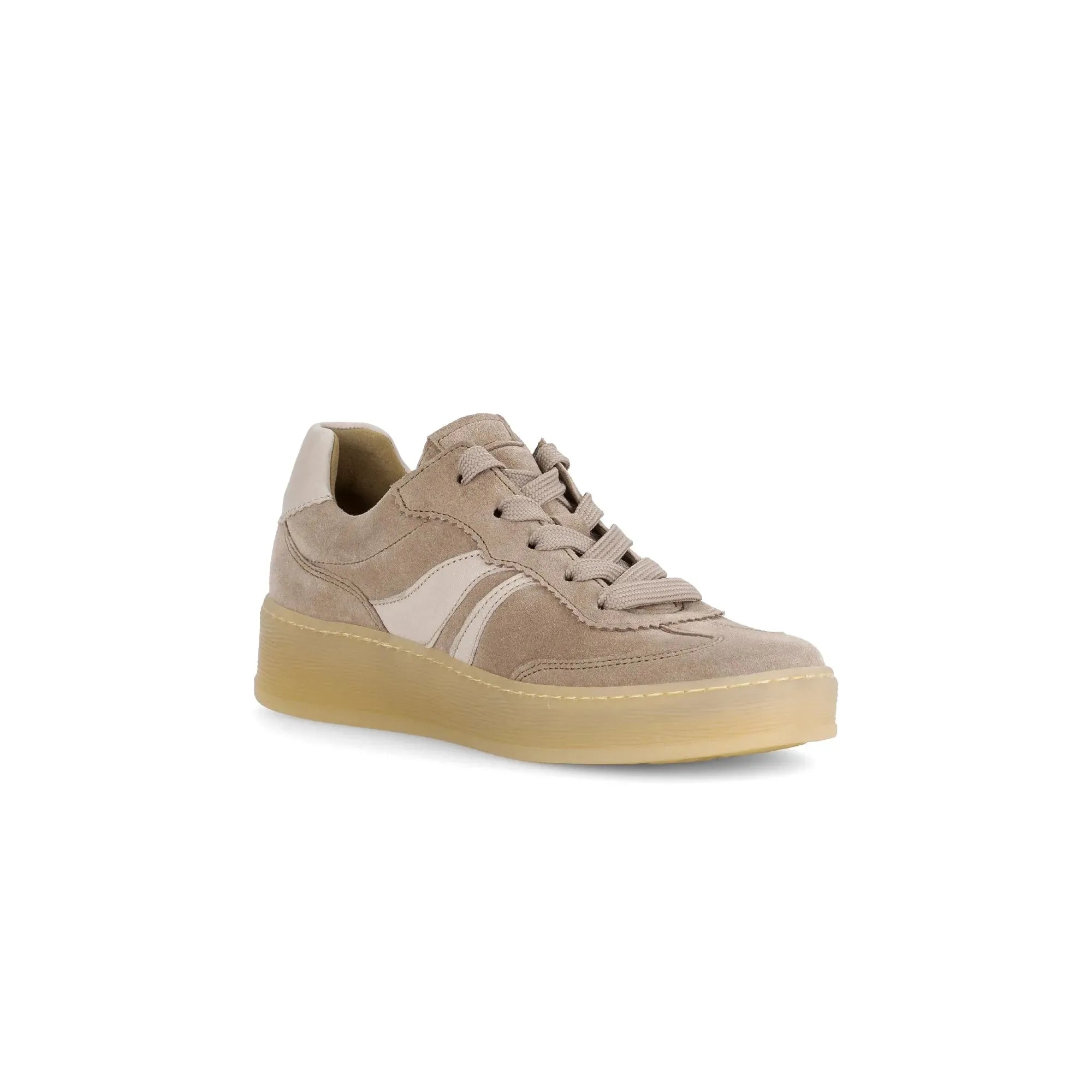 Gabor Dahma Ladies Clay Suede Lace-Up Trainers with cream accents and a chunky rubber sole.