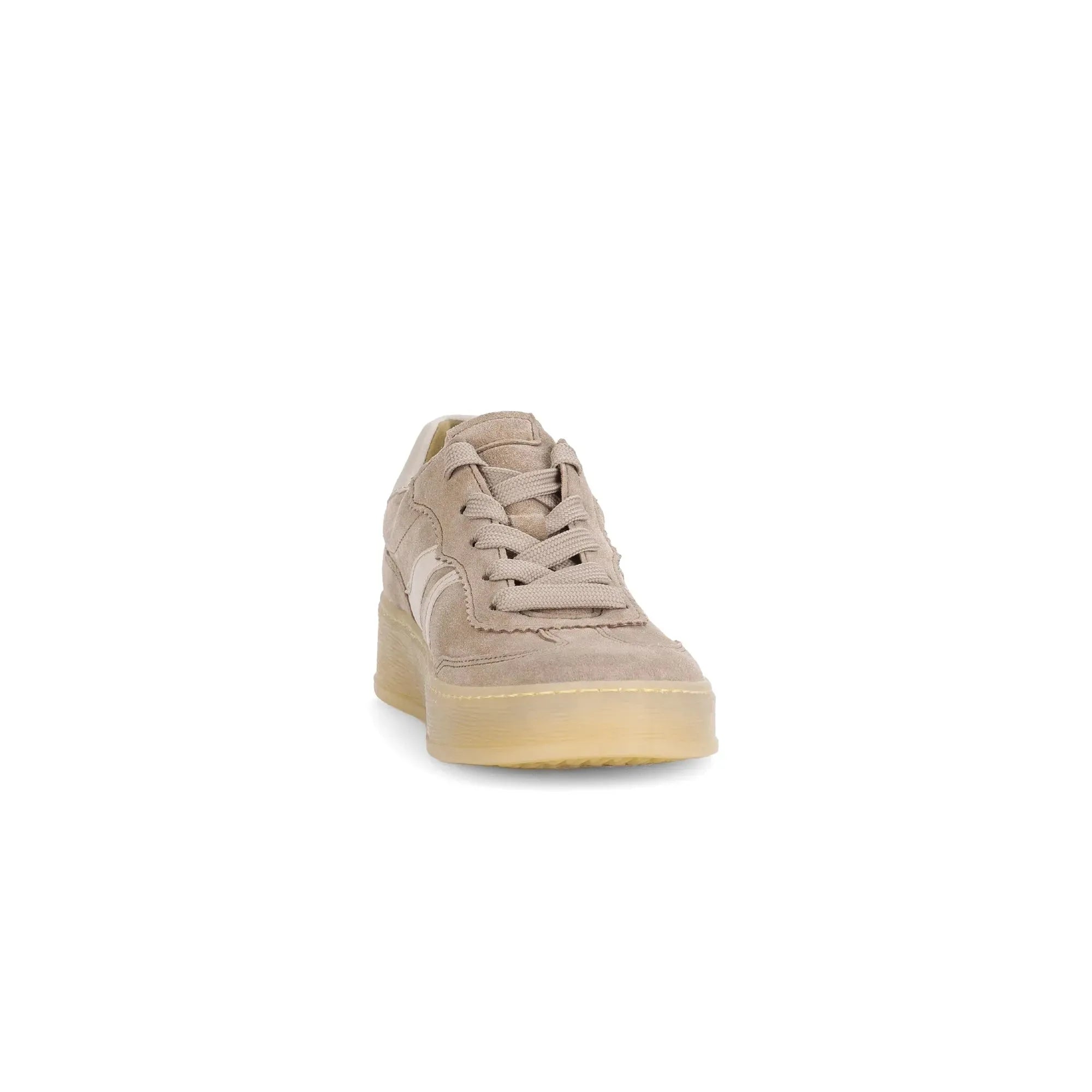Gabor Dahma Ladies Clay Suede Lace-Up Trainers, casual women's sneakers with chunky sole and neutral beige color.