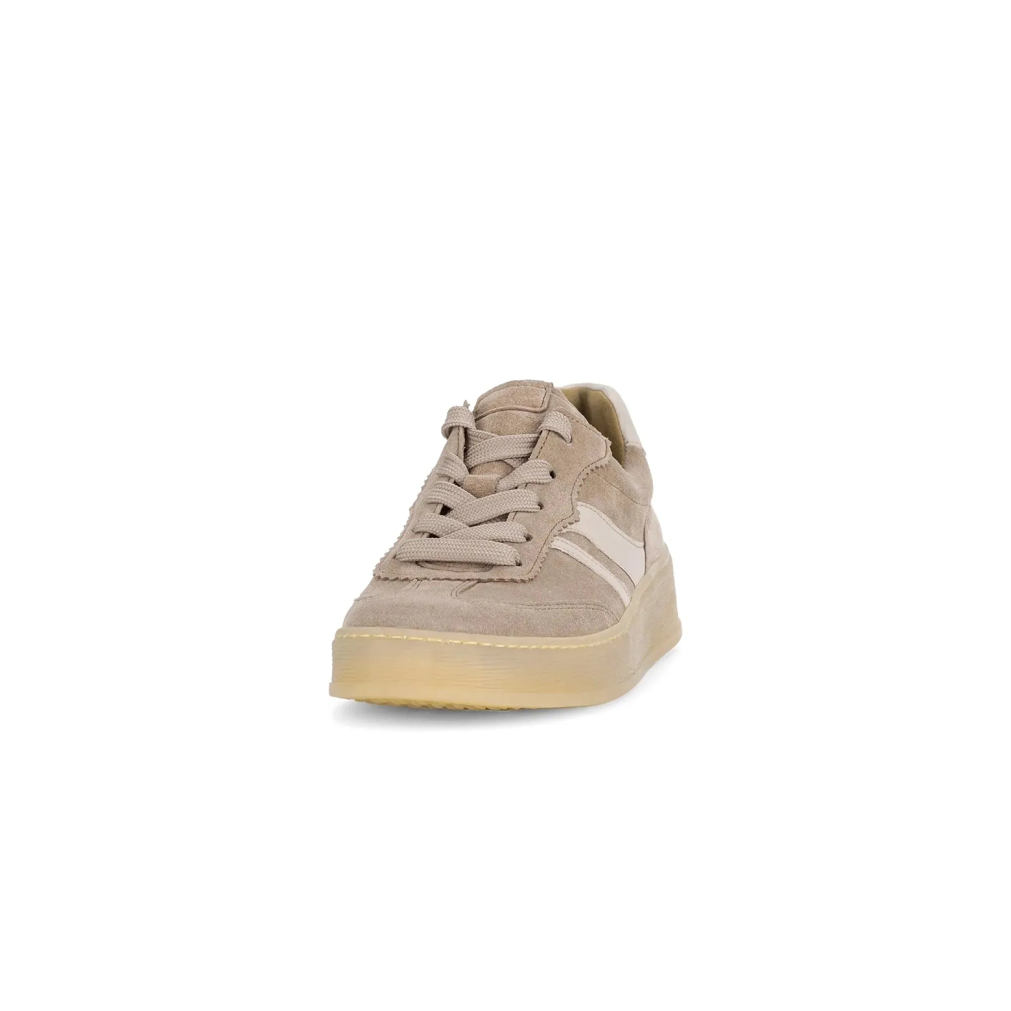 Gabor Dahma Ladies Clay Suede Lace-Up Trainers with beige color, chunky sole, and casual sneaker design.
