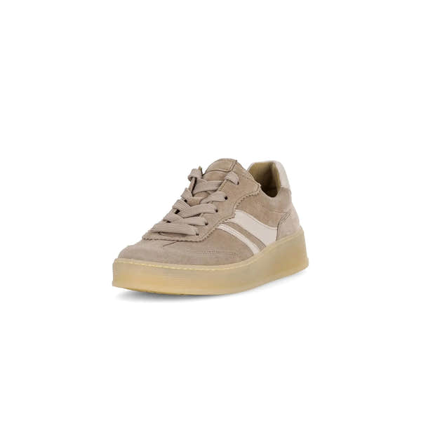 Gabor Dahma ladies suede lace-up trainers in beige clay with chunky rubber sole and contrasting side stripe.