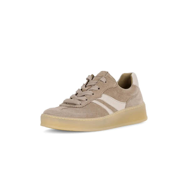 Gabor Dahma Ladies Tan Clay Suede Lace-Up Trainers with Thick Sole and White Accent Stripe
