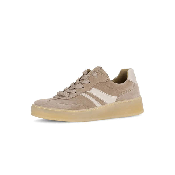 Gabor Dahma Ladies Clay Suede Lace-Up Trainers with cream accents and translucent rubber sole.