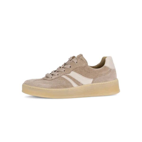 Gabor Dahma Ladies Clay Suede Canvas Lace-Up Sneakers with Cream Accents and Thick Sole.