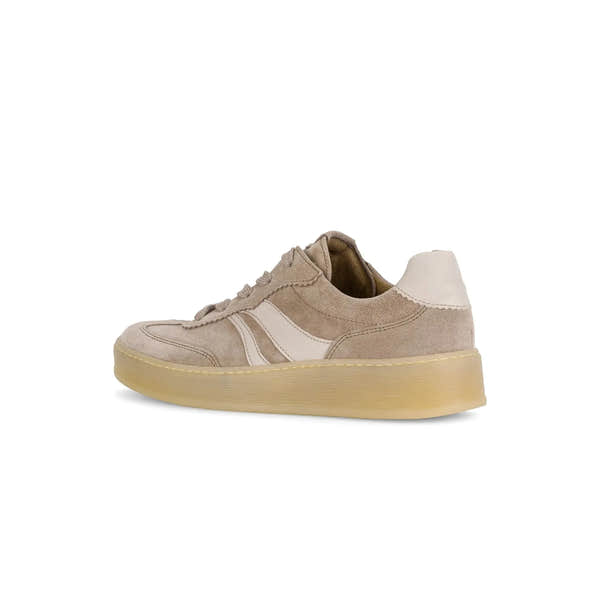 Gabor Dahma Ladies Clay Suede Lace-Up Trainers with thick rubber sole and beige and white color accents.