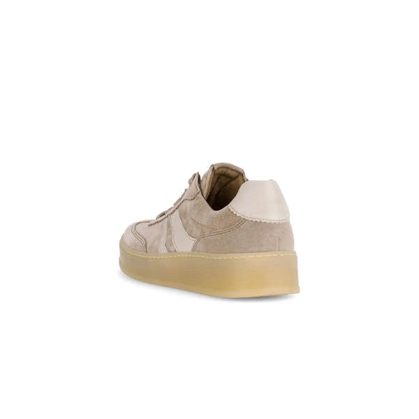 Gabor Dahma Ladies Clay Suede Lace-Up Trainers with chunky sole, beige and white upper, casual sneaker style.