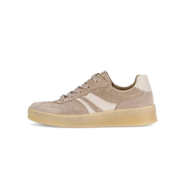 Gabor Dahma Ladies Clay Suede Leather Lace-Up Trainers with Cream Accents and Transparent Sole