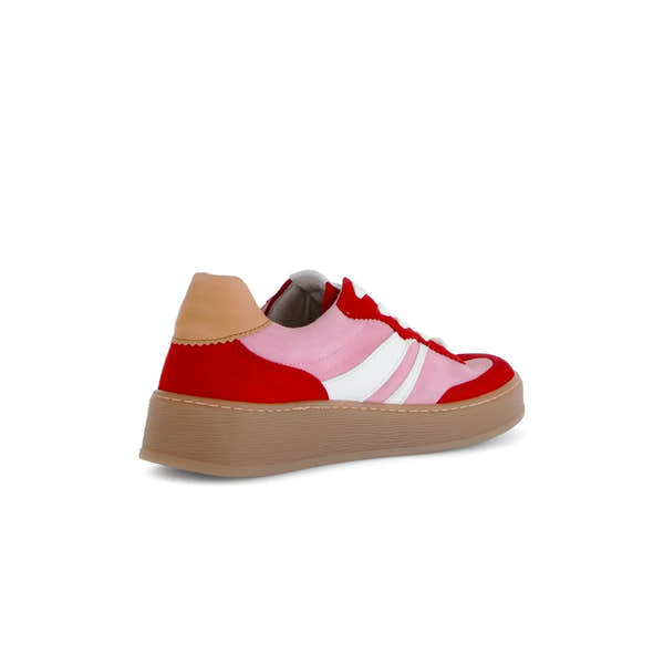 Gabor Dahma Ladies Red/Pink Leather Lace-Up Trainers with beige sole, stylish sporty design.