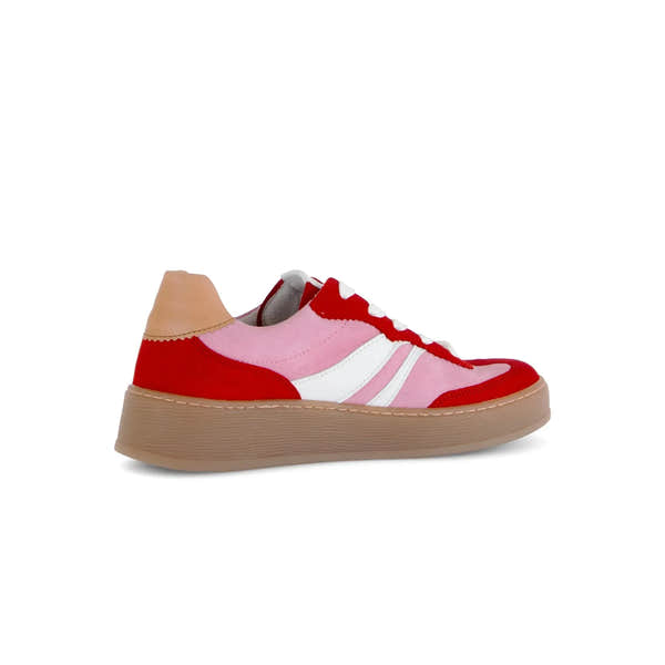 Gabor Dahma Ladies Red/Pink Leather Lace-Up Trainers with beige sole and stylish color blocking design.