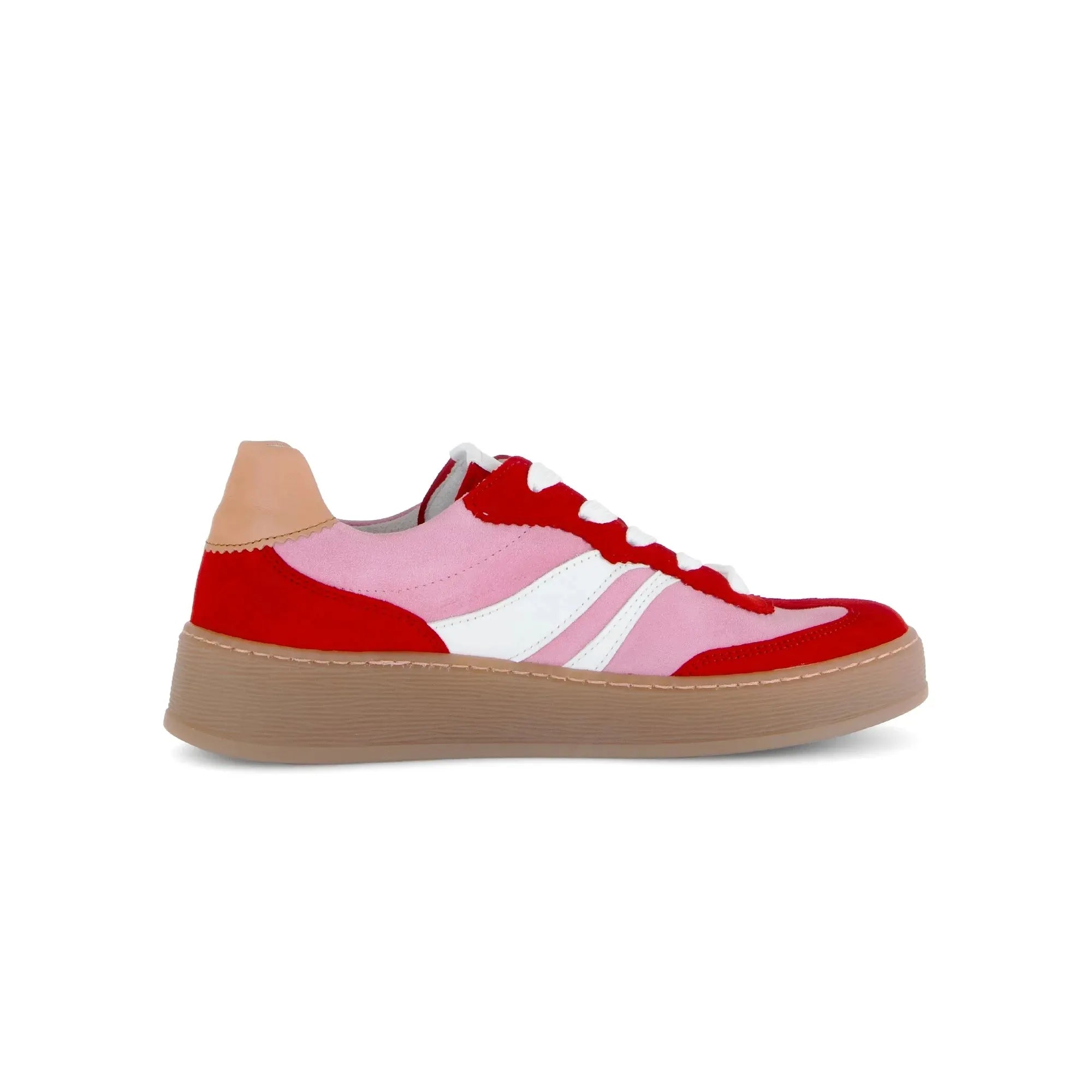 Gabor Dahma Ladies Red and Pink Leather Lace-Up Trainers with White Accents and Beige Sole.