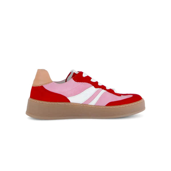 Gabor Dahma Ladies Red and Pink Leather Lace-Up Trainers with White Accents and Beige Sole.
