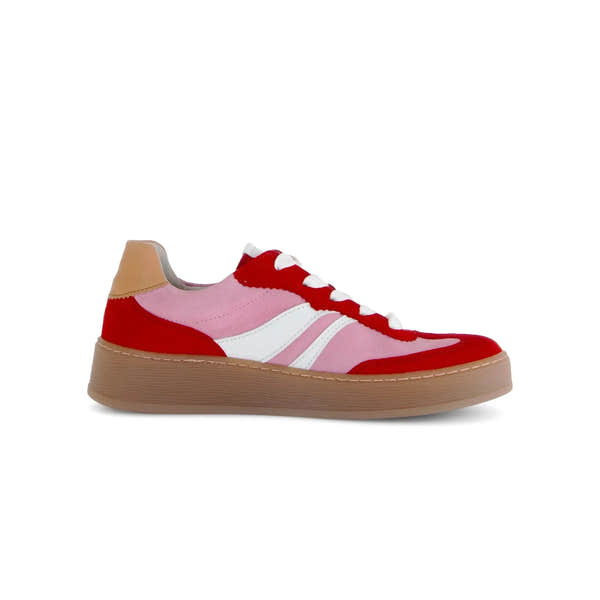 Gabor Dahma ladies Red/Pink leather lace-up trainers with white accents and beige sole.