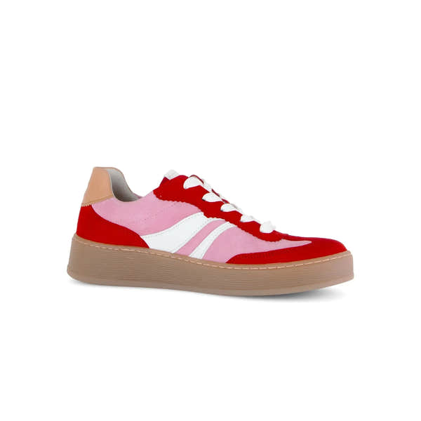 Gabor Dahma women's red and pink leather lace-up trainers with white accents and beige sole.
