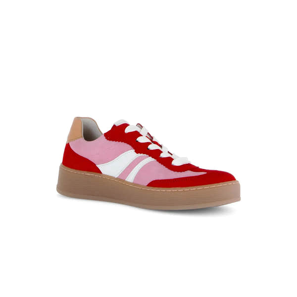 Gabor ladies' red and pink leather lace-up sneakers with white accents and a tan sole.