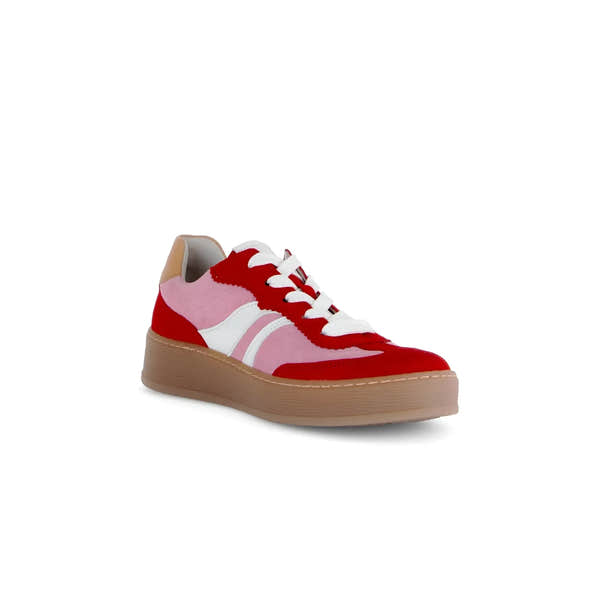 Gabor Dahma Ladies Red/Pink Leather Lace-Up Sneakers with Beige Sole and White Details.