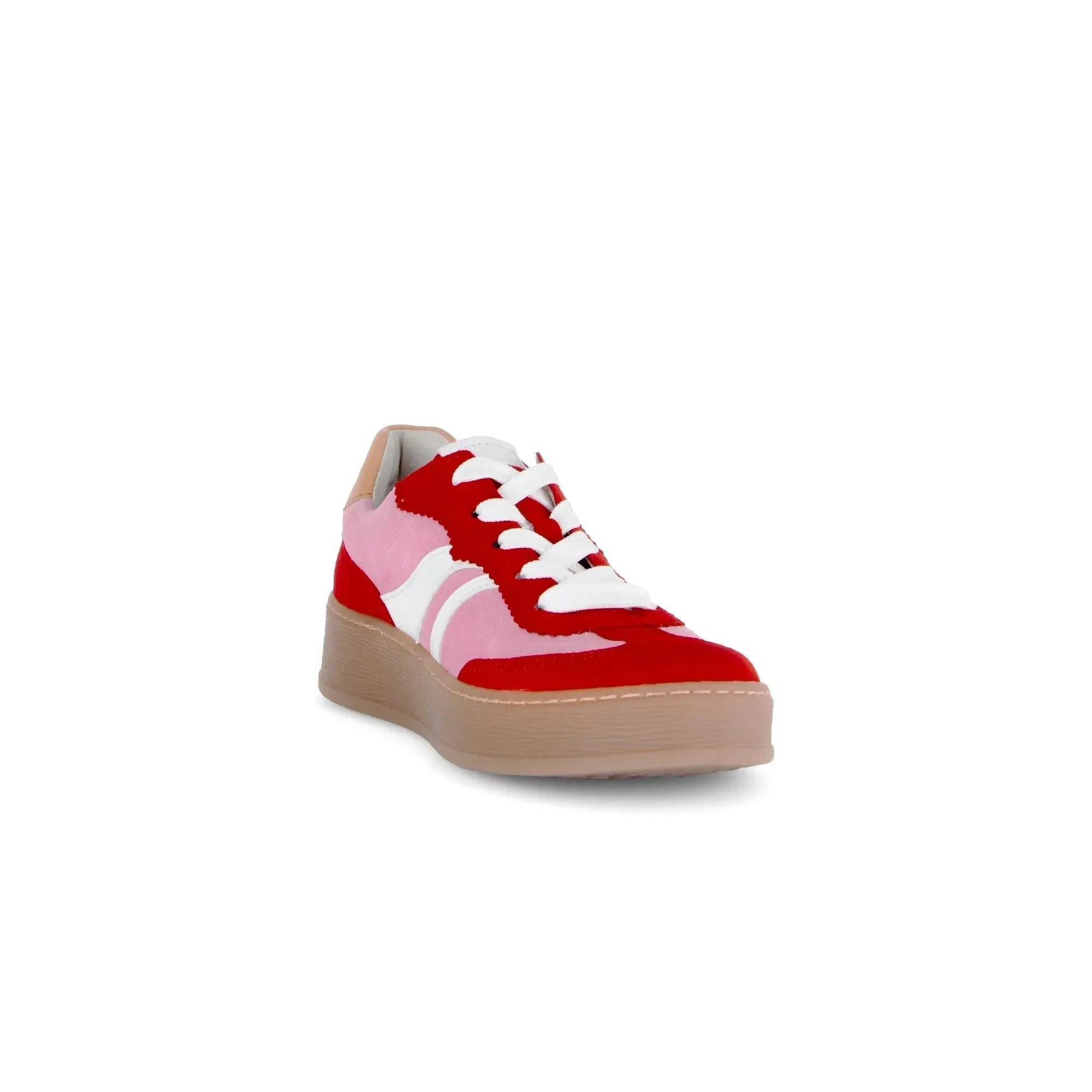 Gabor Dahma Ladies Red/Pink Leather Lace-Up Trainers with Thick Beige Sole.