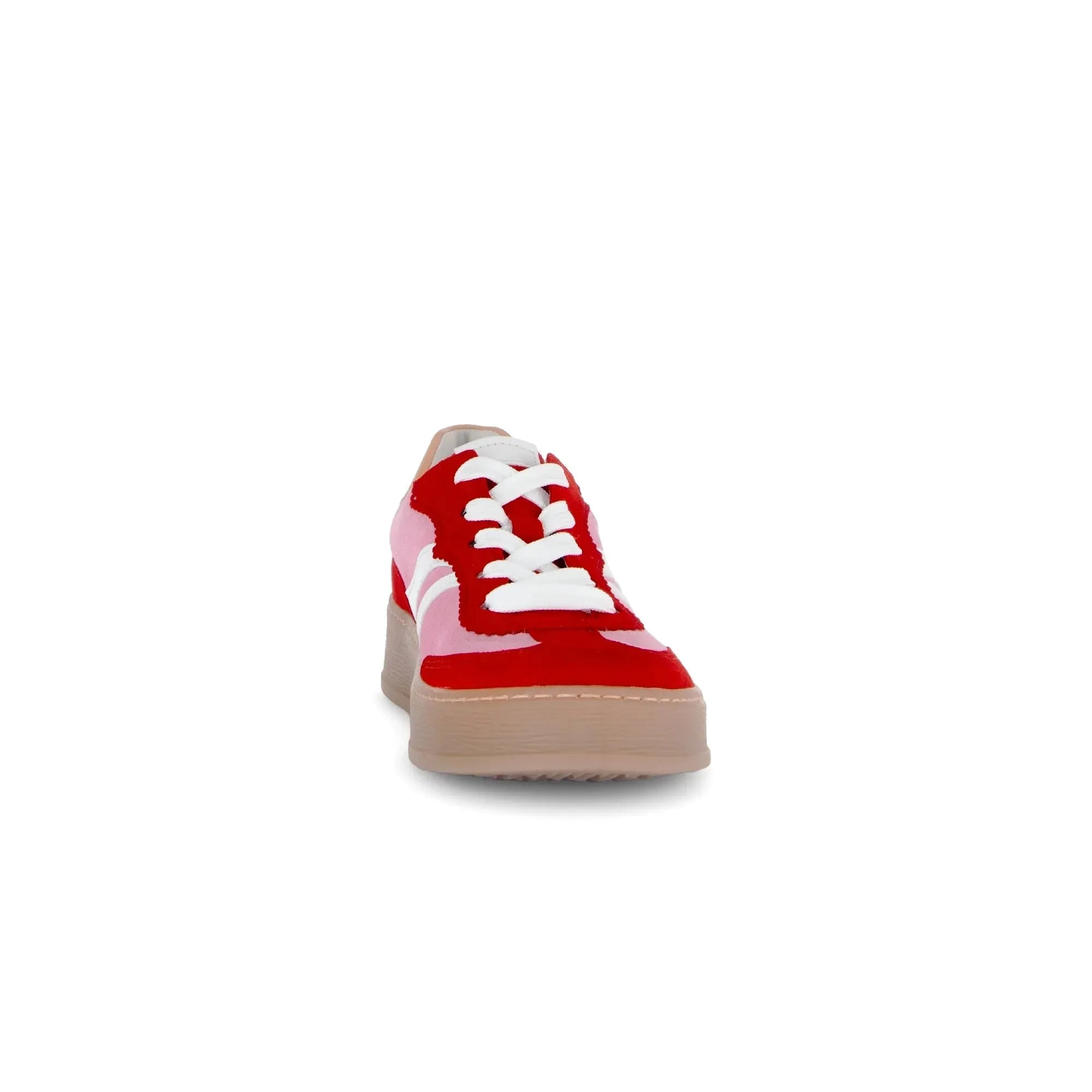 Gabor Dahma ladies red/pink leather lace-up trainers with chunky beige soles and white detailing.