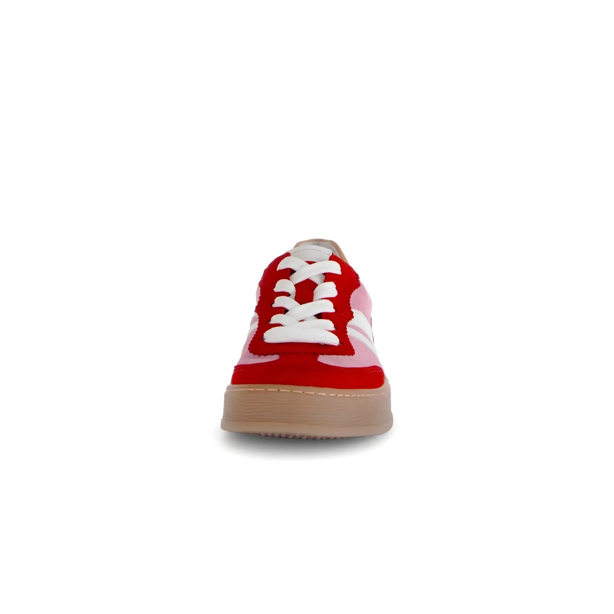 Gabor Dahma women's red and pink leather lace-up trainers with beige soles, stylish and casual footwear.