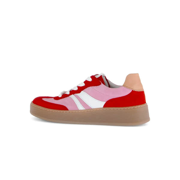 Gabor Dahma Ladies Red/Pink Leather Lace-Up Sneakers with beige sole, stylish and casual shoe design.