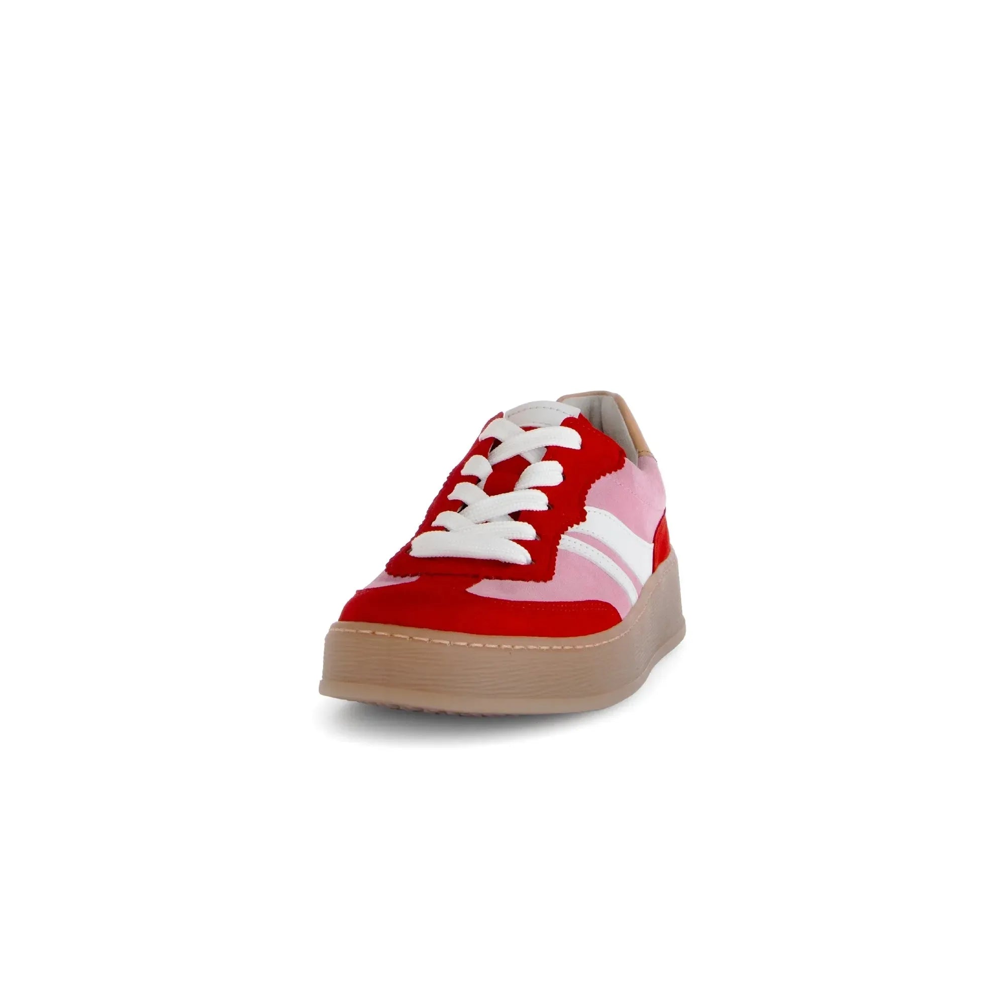 Gabor Dahma women's red and pink leather lace-up trainers with white accents and chunky beige sole.