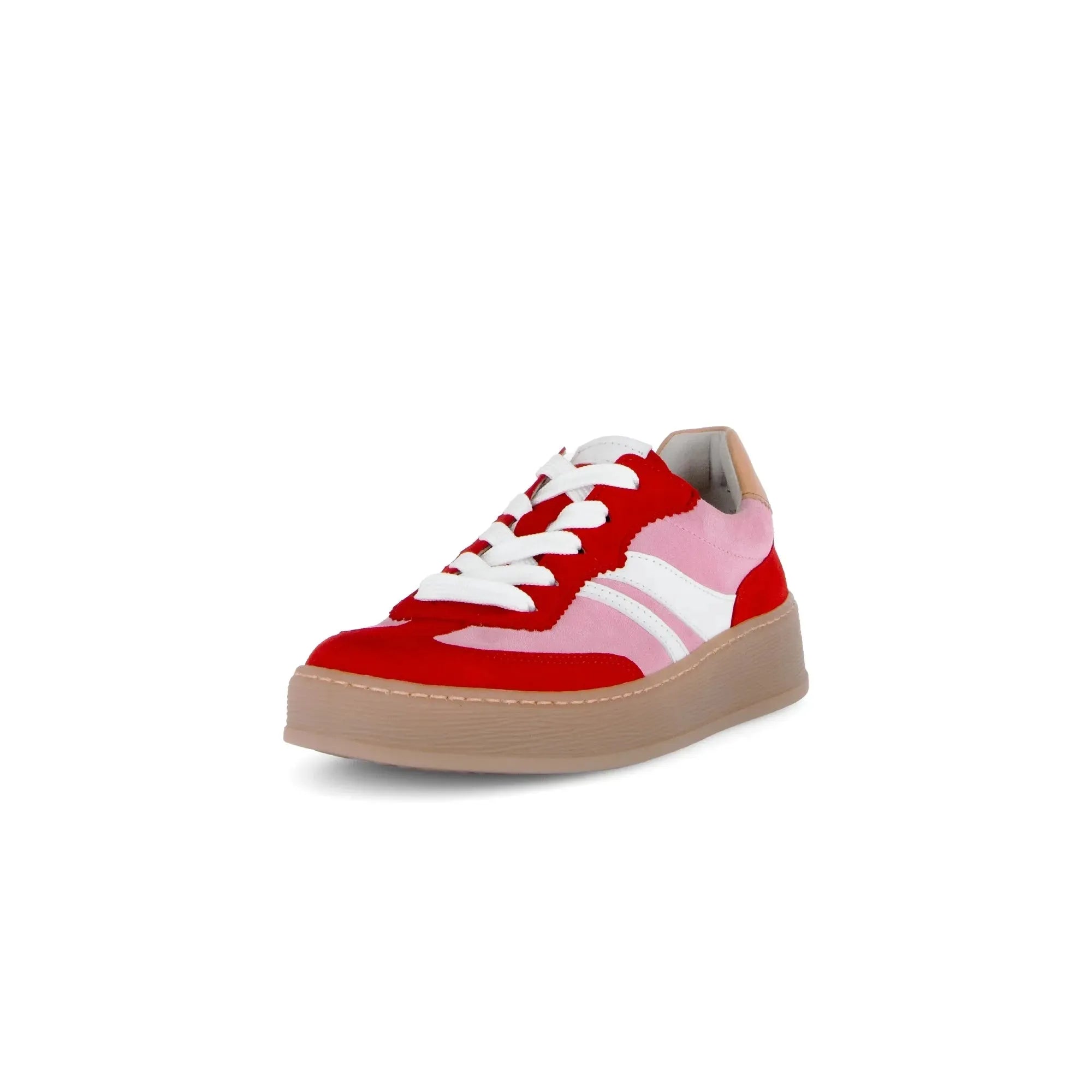 Gabor women's red and pink leather lace-up trainers with white accents and beige sole.