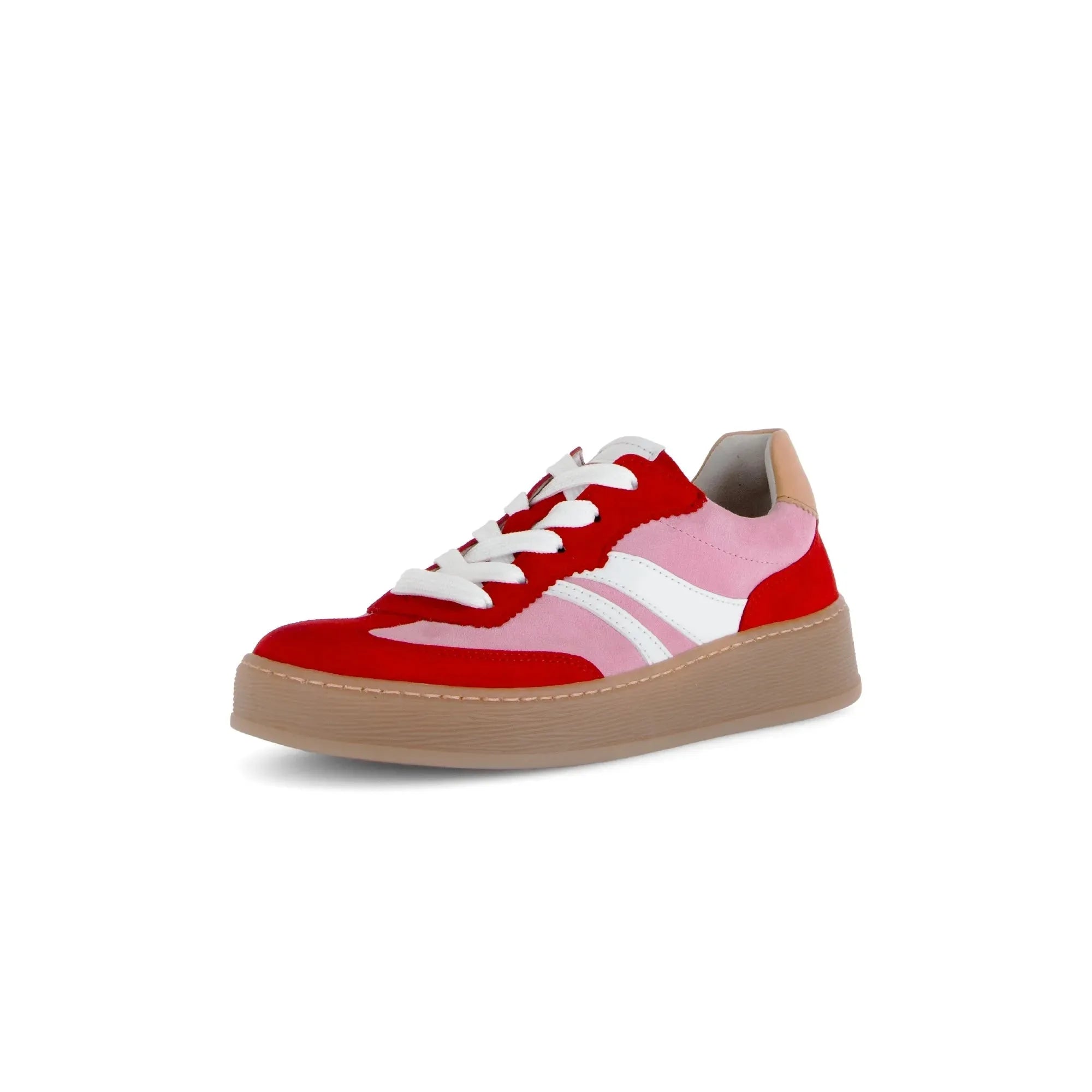 Gabor Dahma ladies' red and pink leather lace-up trainers with beige sole and white accents.