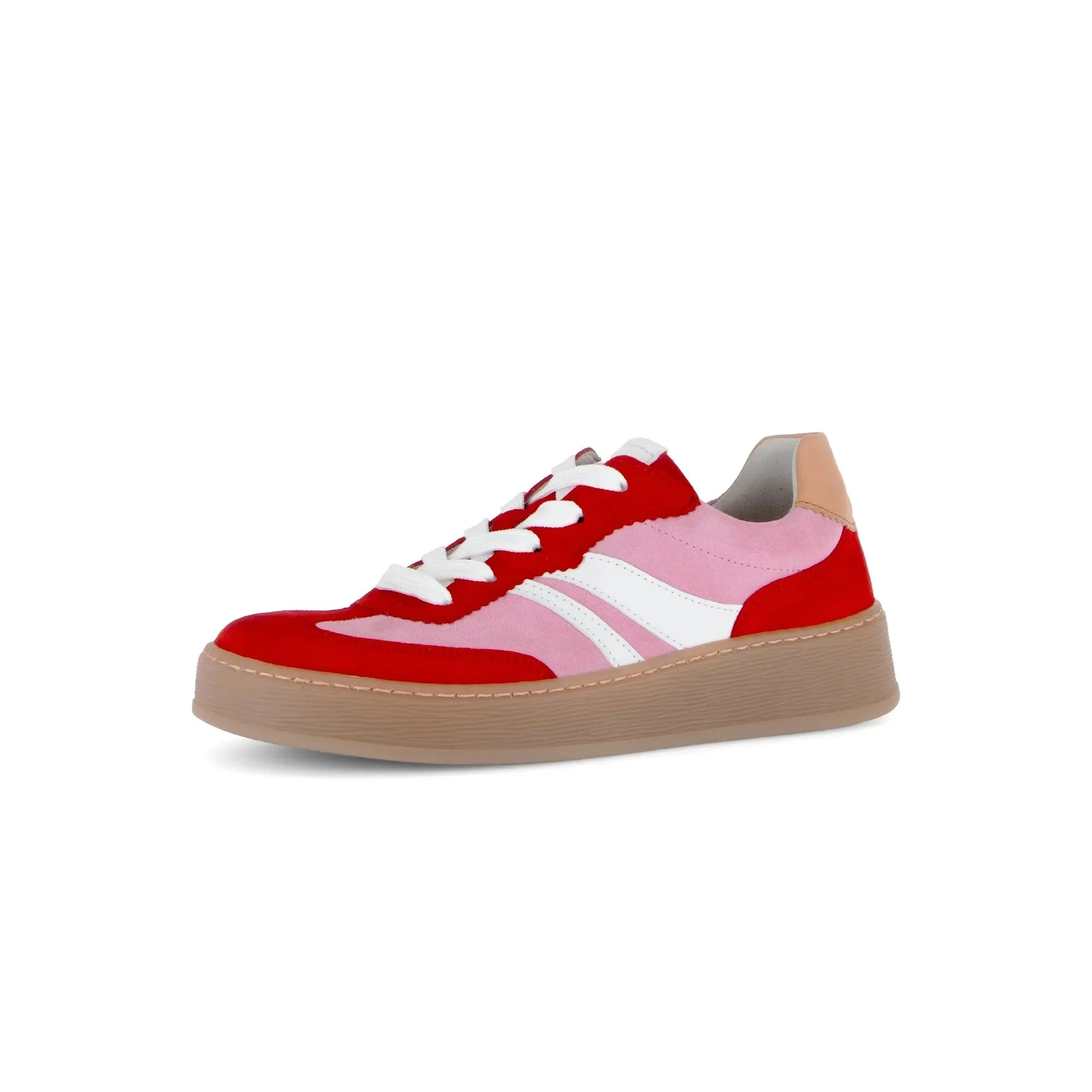 Gabor Dahma women's red, pink, and beige leather lace-up trainers with white accents and rubber sole.