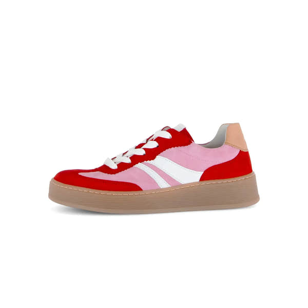Gabor Dahma Ladies Red/Pink Leather Lace-Up Trainers with beige sole and white accents.