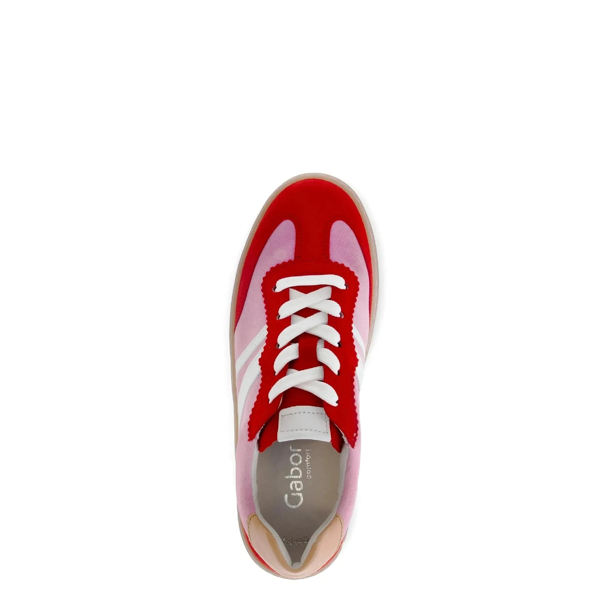 Gabor Dahma women's red and pink leather lace-up trainers with white accents, stylish casual footwear.