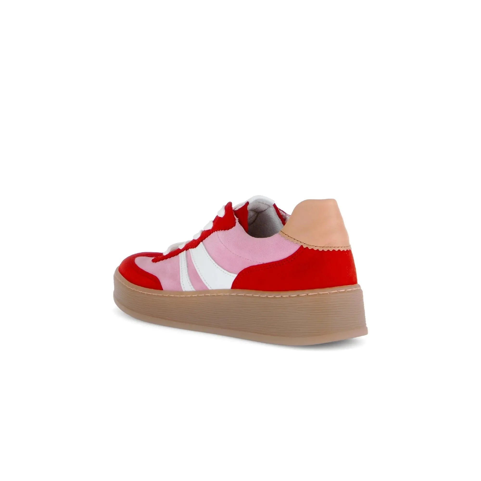 Gabor Dahma Ladies Red/Pink Leather Lace-Up Sneakers with beige sole, stylish modern design.