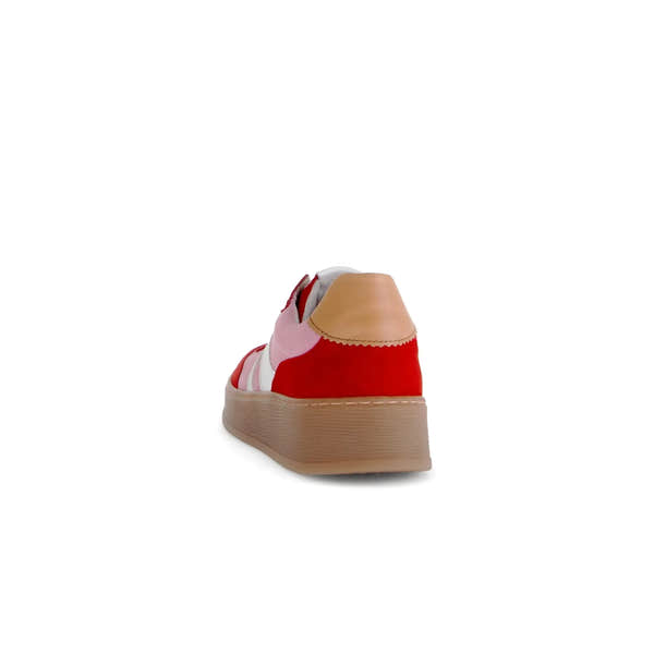Gabor Dahma Ladies Red and Pink Leather Lace-Up Trainers with tan heel detail and chunky beige sole.