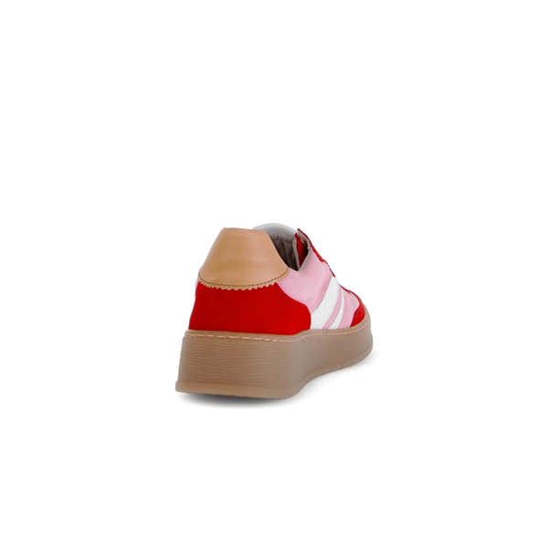 Gabor Dahma Ladies Red and Pink Leather Lace-Up Trainers with chunky beige sole, stylish casual footwear.