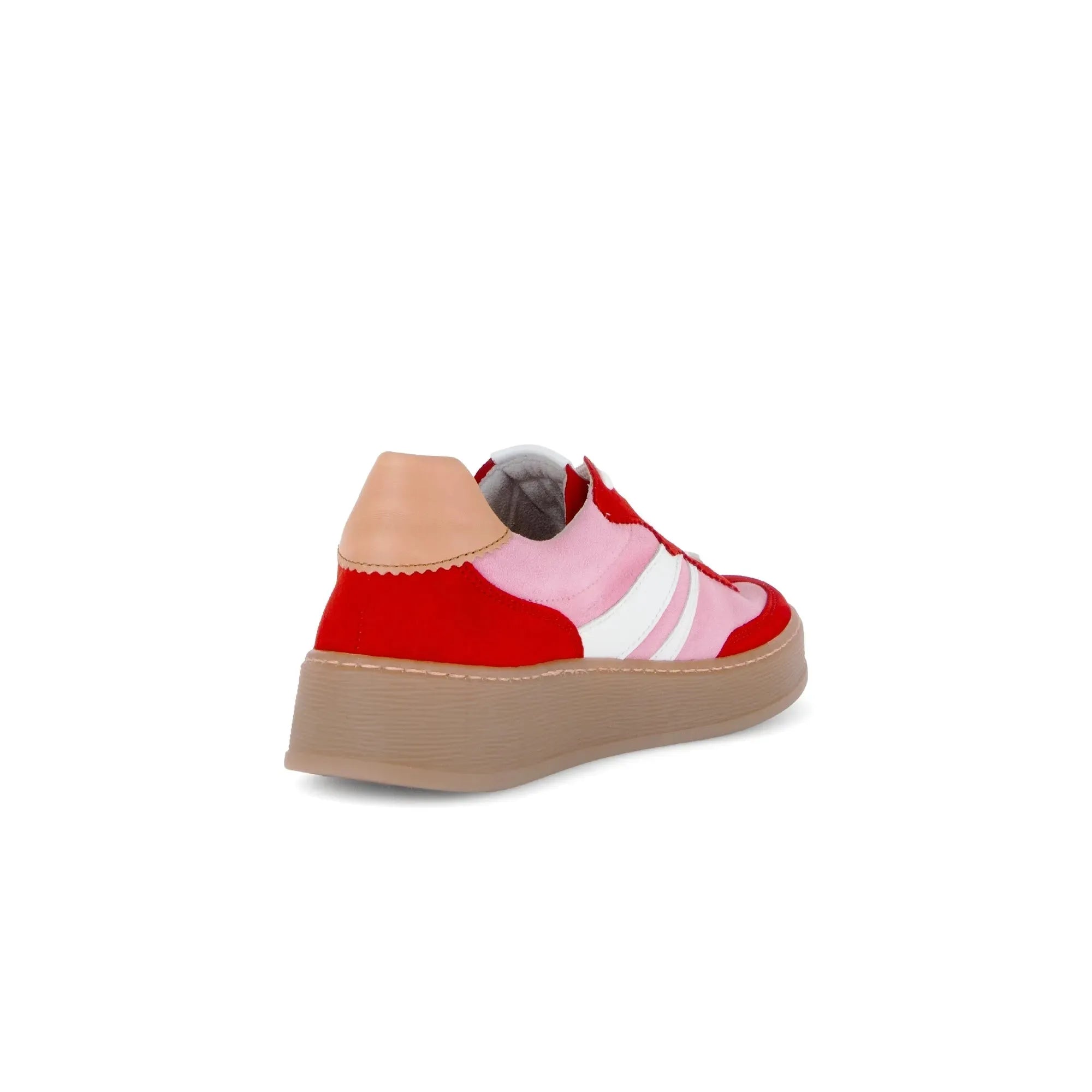 Gabor Dahma women's red and pink leather lace-up trainers with beige chunky sole and color-block design.