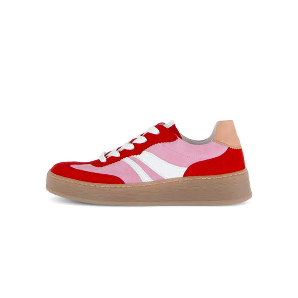 Gabor Dahma Ladies Red and Pink Leather Lace-Up Sneakers with Beige sole.