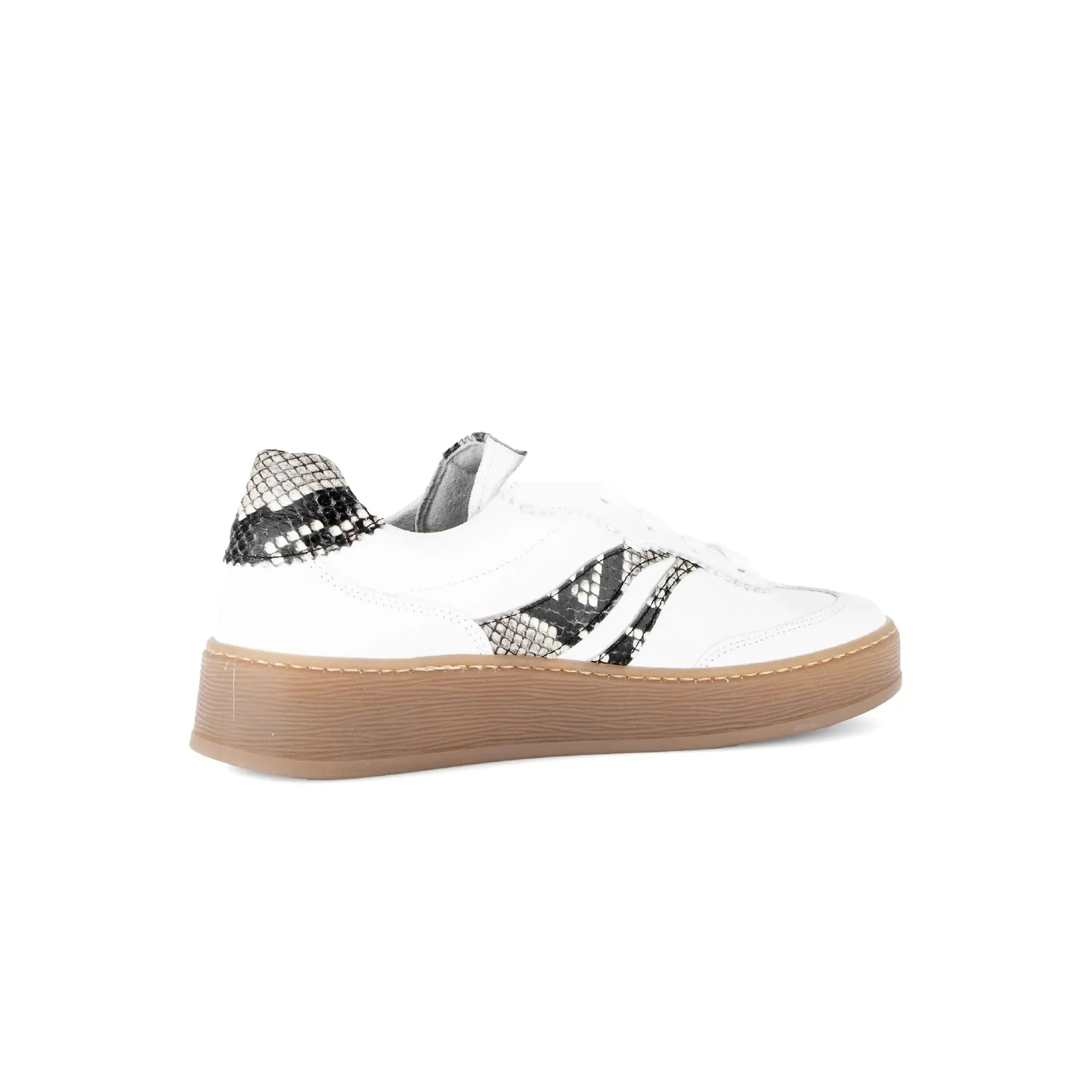 Gabor Dahma Ladies White Leather Lace-Up Sneakers with Snake-Print Details and Brown Sole.