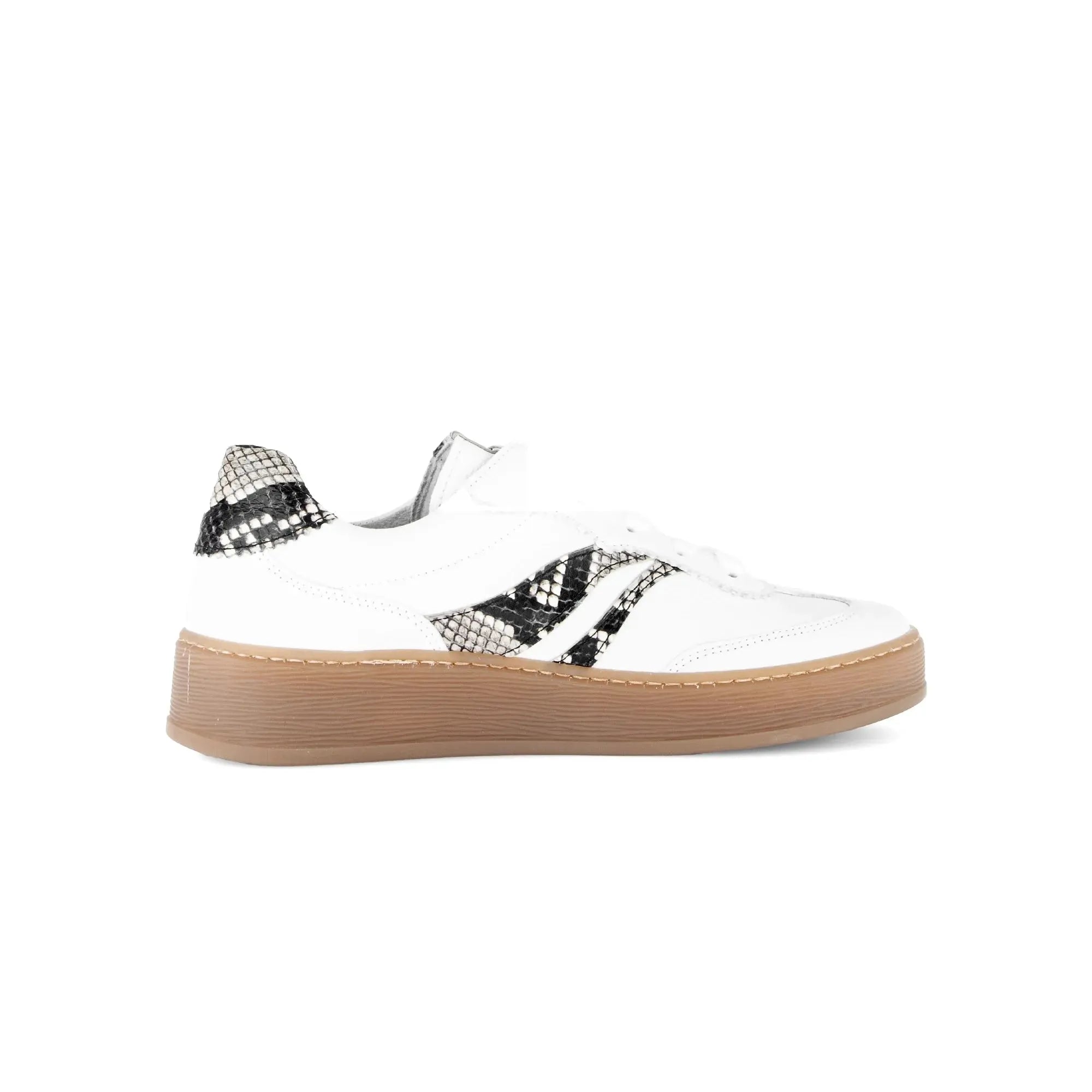 Gabor Dahma Ladies White Leather Lace-Up Trainers with snake-print accents and tan rubber sole.