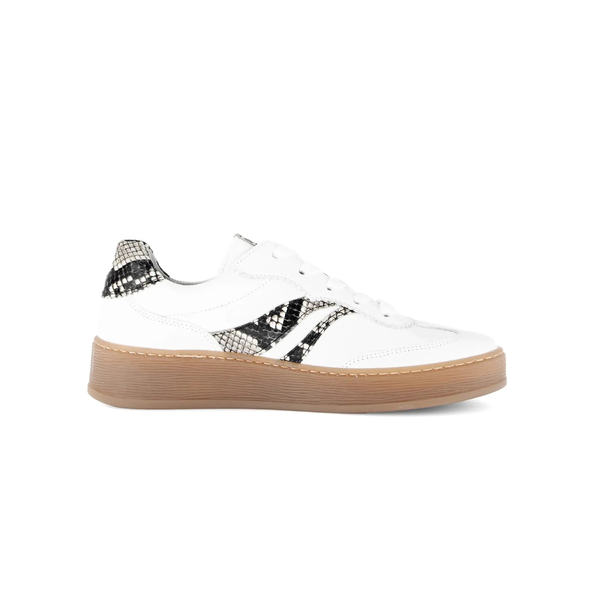 Gabor Dahma women's white leather lace-up trainers with black and snakeskin accents and tan sole.