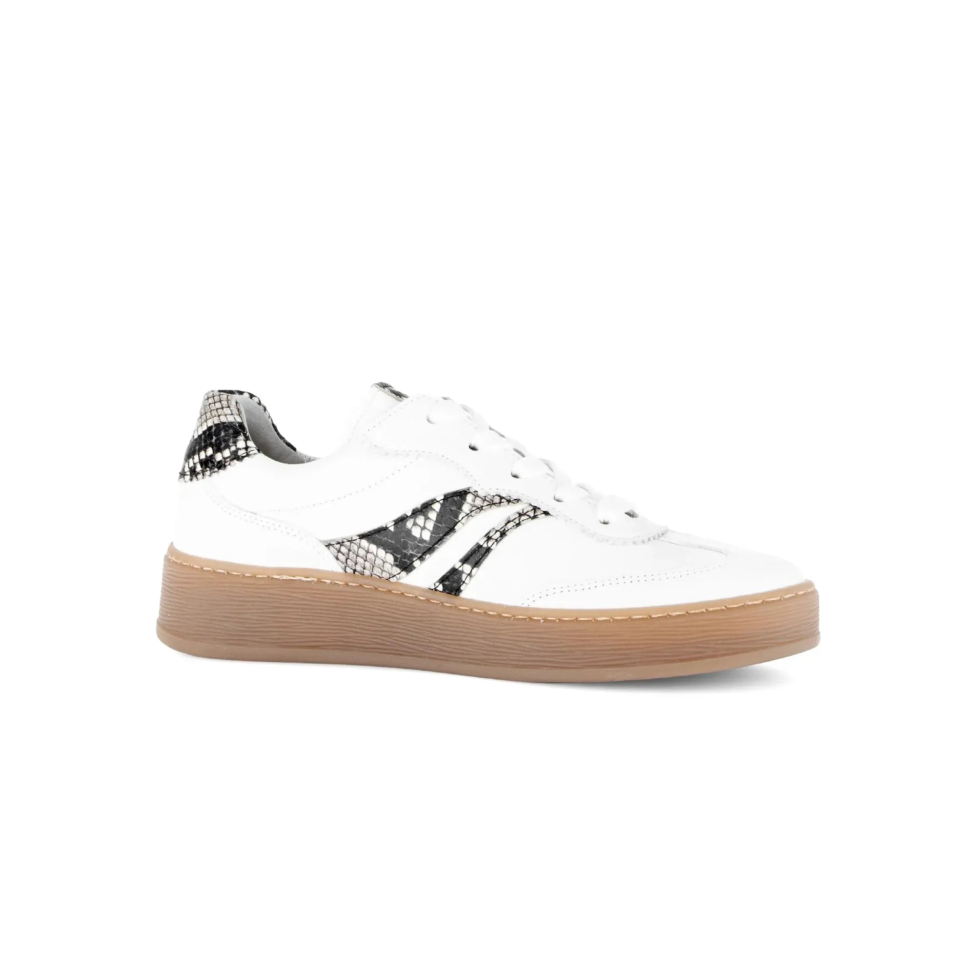 Gabor Dahma Ladies White Leather Lace-Up Trainers with black snake print accents and beige rubber sole.