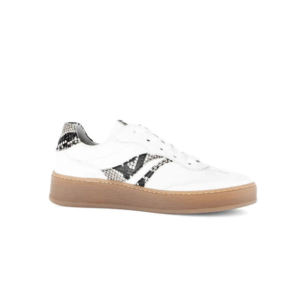 Gabor Dahma Ladies White Leather Lace-Up Trainers with black snake print accents and beige rubber sole.