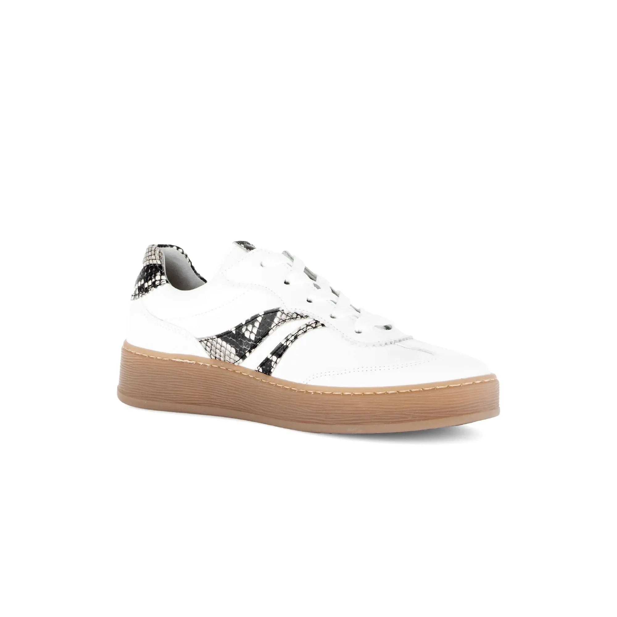 Gabor Dahma Women's White Leather Lace-Up Trainers with Snake Print Detail and Tan Sole