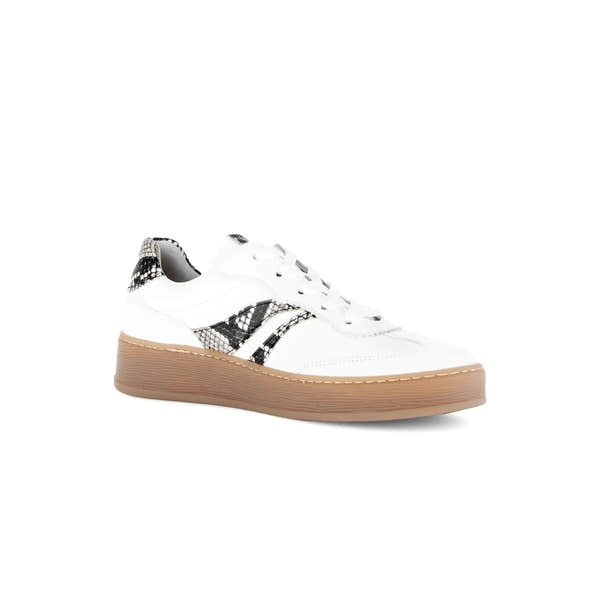 Gabor Dahma Women's White Leather Lace-Up Trainers with Snake Print Detail and Tan Sole
